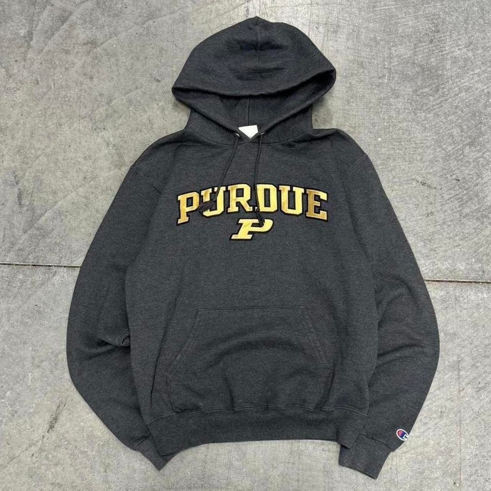 Men's Purdue University Hoodie Champion Sweatshirt Gray Embroidered Spellout S